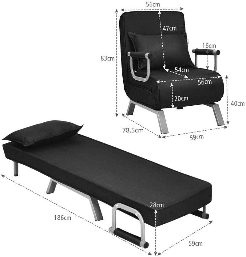 slaapbank, met 5 posities verstelbare rugleuning, opklapbare armleunstoel, gestoffeerde zitting, vrije tijd relaxfauteuil, met kussen, ideaal voor thuiskantoor (Zwart)