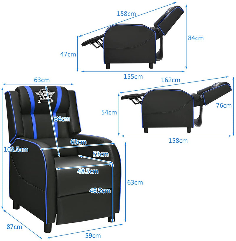 Gaming leunstoel fauteuil, PU lederen enkele leunstoel relaxstoel, verstelbare moderne woonkamer ligstoel, televisiestoel met voetsteun en lumbaal kussen, thuisbioscoop zittingen (Blauw)