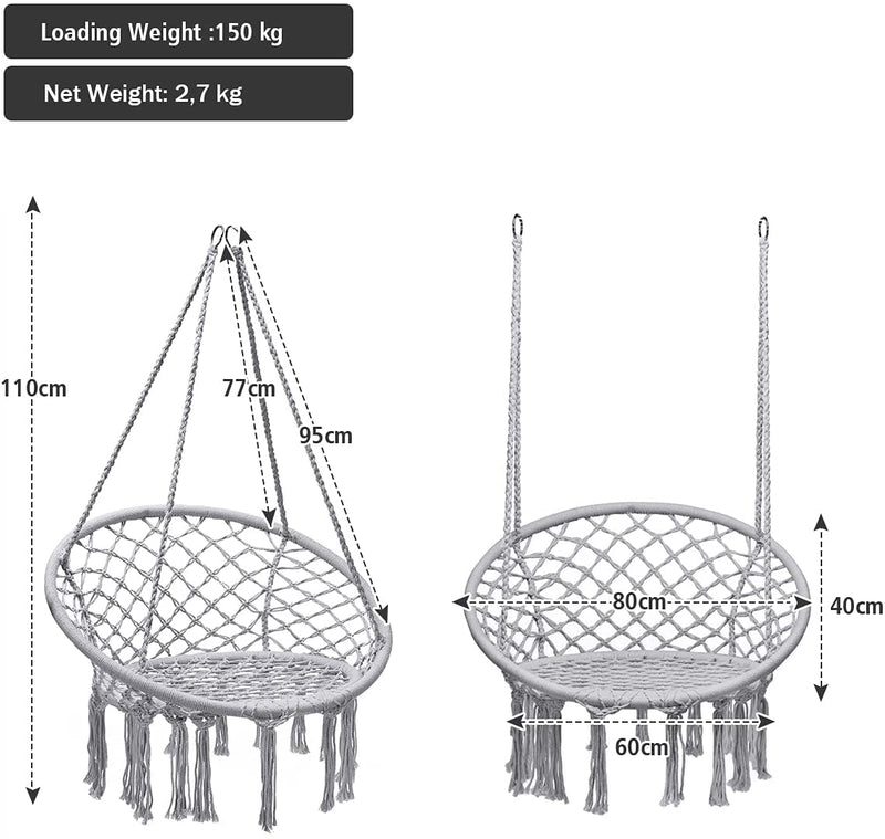 Hangstoel, katoenen touw macrame hangende schommelstoel voor woonkamer, tuin, balkon, scandinavische stijl, capaciteit van 150 kg (Grijs)