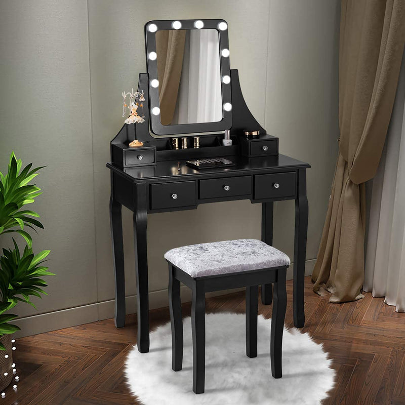 Kaptafel set met rechthoekige spiegel en gedempte kruk, make-up tafel met 10 LED-dimbare gloeilampen, met 5 laden(Zwart)