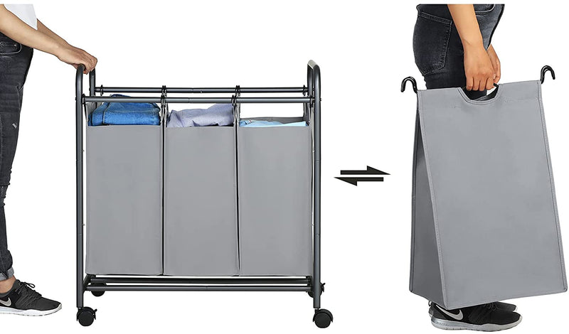 Wasmand op wielen, wassorteermachine met 3 afneembare stoffen zakken, wasverzamelaar, opbergruimte voor speelgoed, stevig, 3 x 44 liter, grijs LSF003GS