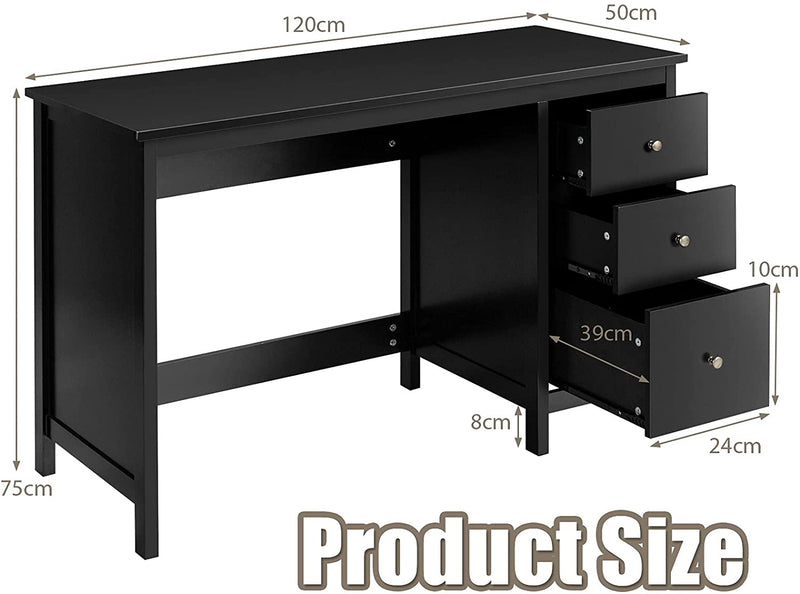 Computerbureau 120 cm met 3 laden, thuiskantoor studie bureau met ruime bureaublad, computertafel pc-tafel, moderne laptop bureau, multifunctioneel computer bureau (Zwart)