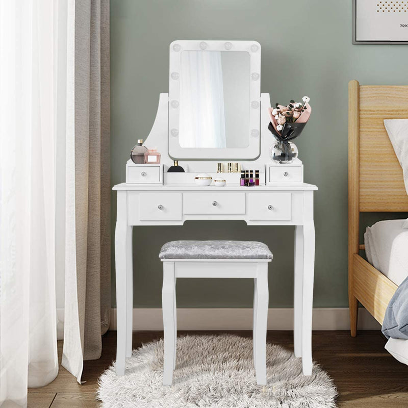 Kaptafel set met rechthoekige spiegel en gedempte kruk, make-up tafel met 10 LED-dimbare gloeilampen, met 5 laden(Zwart)