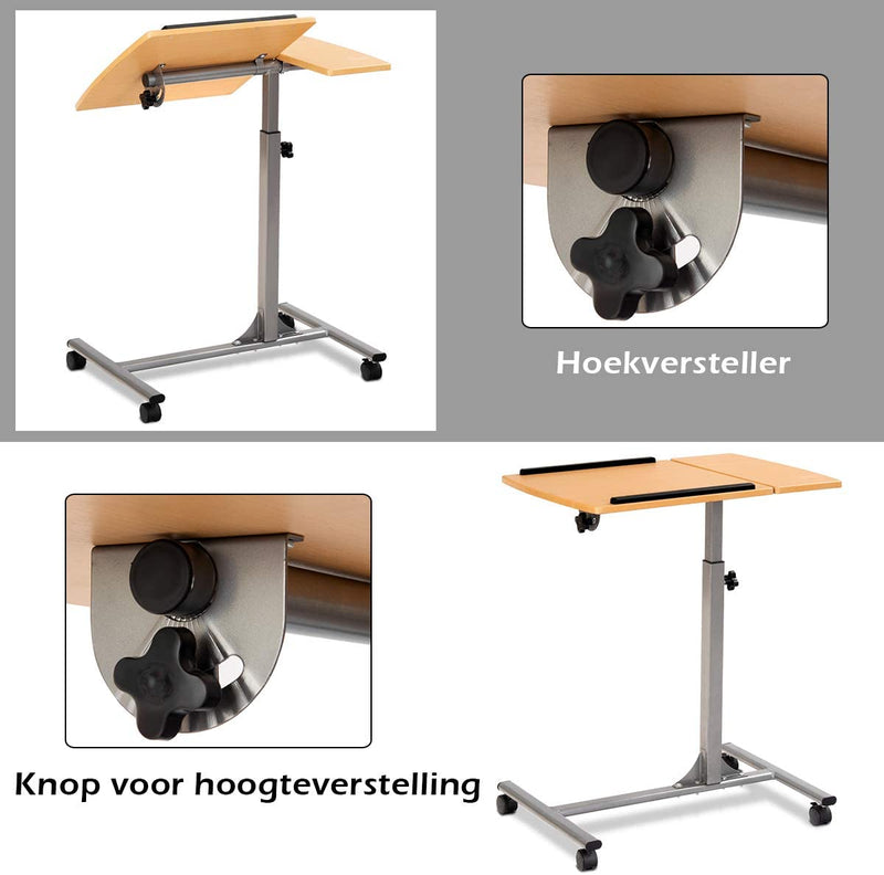 Verstelbare bedtafel, bijzettafel overbed tafel, laptopstandaard met wielen en remmen (Natuurlijk)