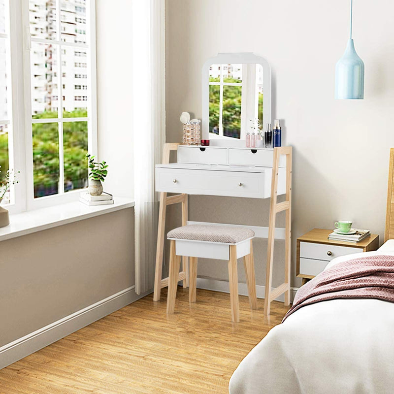 kaptafel set, make-up Ijdelheidstafel met 3 lades en 2-laags tafelblad, Cosmetische organisator met grote spiegel en gedempte kruk, slaapkamer- en studeerkamer meubilair voor vrouwen en meisjes