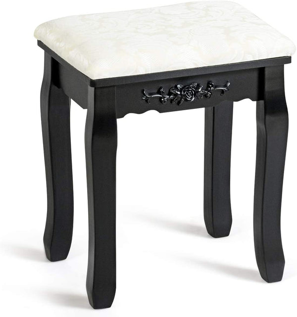 Houten kruk voor make-up, kaptafel stoel, make-up kruk met zacht gevoerde zitting, mooie patronen en delicaat houtsnijwerk, massief houten poten, 100 kg gewichtscapaciteit (Zwart)