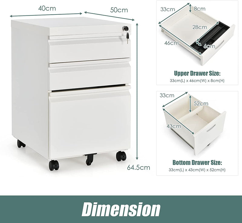3 Lades verrijdbare archiefkast met slot, mobiele archiefkast met 2 sleutels en handgrepen, 40 x 50 x 64,5 cm (Wit)