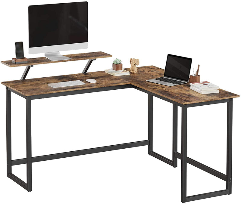 Bureau, L-vormig computerbureau met beweegbare monitorbevestiging, hoekbureau,  bruin-zwart LWD56X