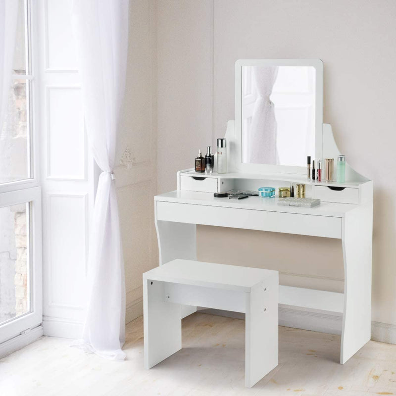 Kaptafel, make-up tafel met spiegel en kruk, houten kaptafel, kaptafel met 3 laden
