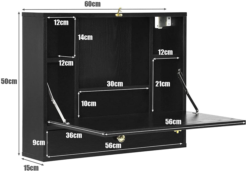 Wandgemonteerde tafel, opvouwbaar laptopbureau, met opbergvak en -lade, wand ophangende schrijftafel, compacte houten laptoptafel,(Zwart)