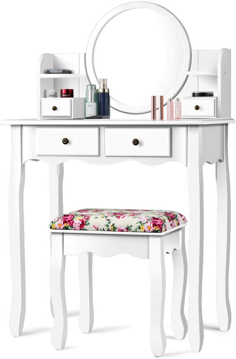 Kaptafel, kaptafel set met krukje, make-up tafel met 360° draaibare en afneembare spiegel, kaptafel met 4 lades en 2 planken (Wit)