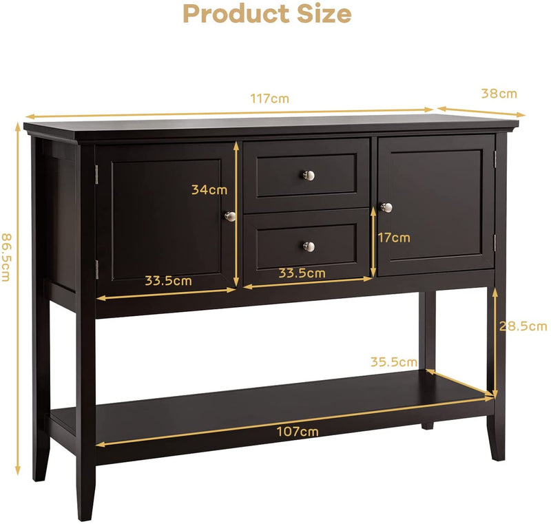 Console tafel, houten gang tafel met 2 laden en 2 opbergkasten, consoletafel met onderste plank,  116,5 x 38 x 86,5 cm (Koffie)