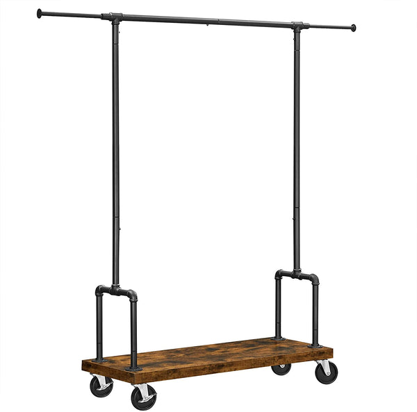 Kledingrek op wieltjes, garderobestandaard met kledingstang, uittrekbaar, ganggarderobe, met plank en wielen, industrieel design, vintage bruin-zwart RGR110B01