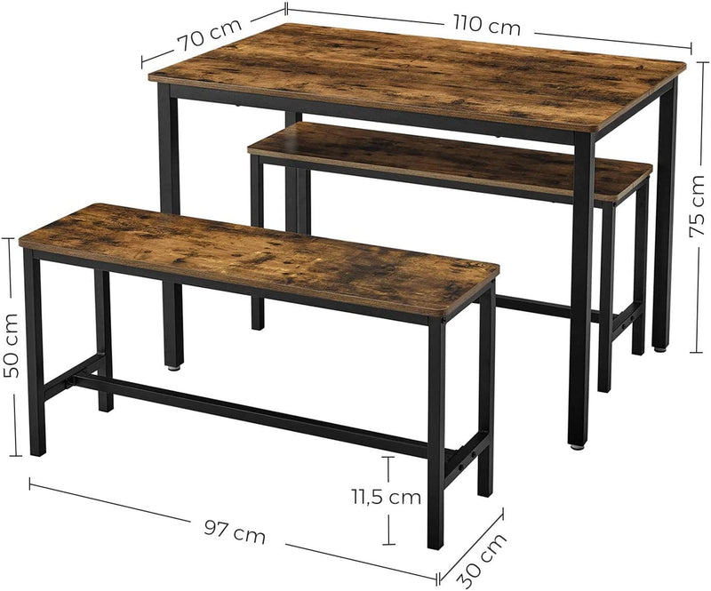 Eettafel, keukentafel set, 110 x 70 x 75 cm, met 2 banken elk 97 x 30 x 50 cm, metalen frame, voor keuken, woonkamer, eetkamer, industrieel ontwerp, vintage bruin-zwart KDT070B01