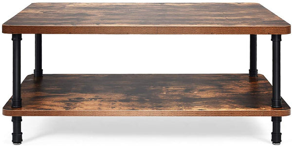 Koffietafel, salontafel, ouderwets cocktail tafel met dik tafelblad, industriële stalen buispoten & 2-laagse opslagplank, , rustiek bruin