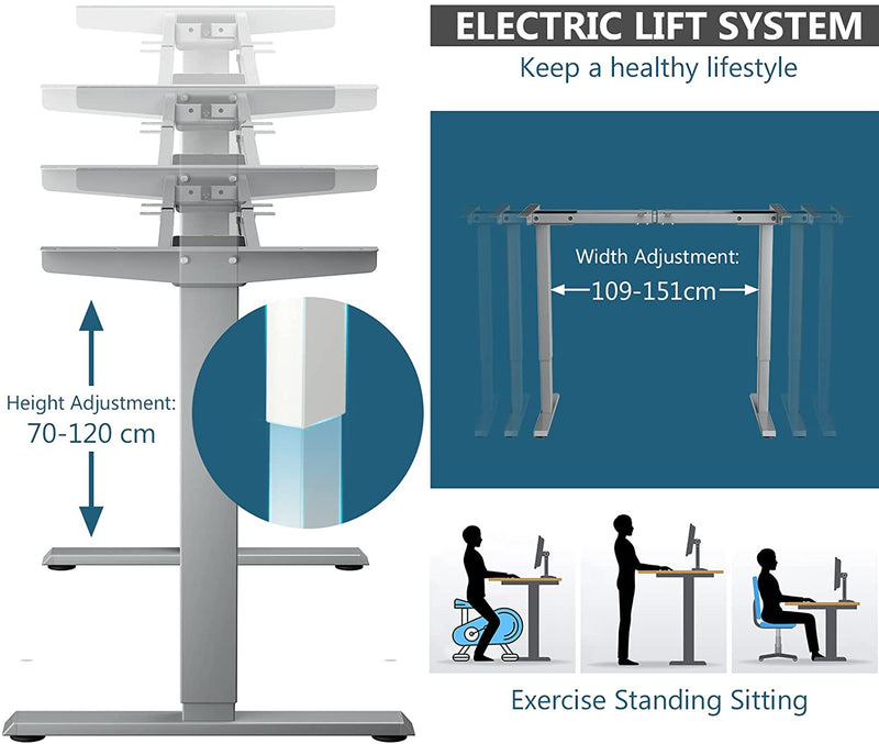 Elektrisch zit/sta bureau frame, 70-120 cm in hoogte verstelbaar, dubbel motoren, 3 geheugenbediening,  ergonomisch zit sta werkstation  (Grijs)