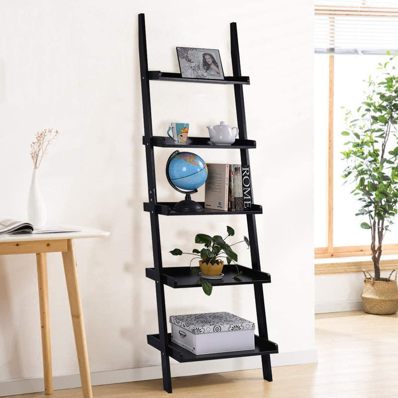 Ladder plank, 5 laags muur-Leunende boekenplank Ladder boekenkast,(Zwart)