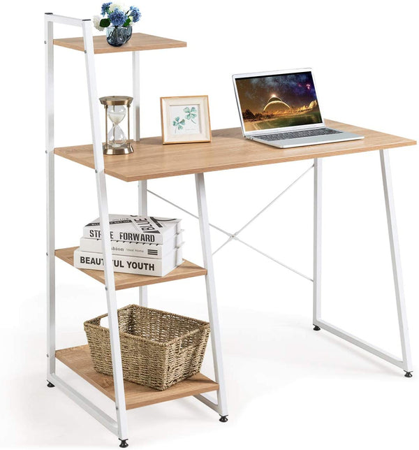 Computerbureau met planken, bureau met opslag planken, computertafel, stevige X-vorm frame, verstelbare voet doppen, eenvoudige montage, computer bureau voor thuiskantoor (Natuurlijk)