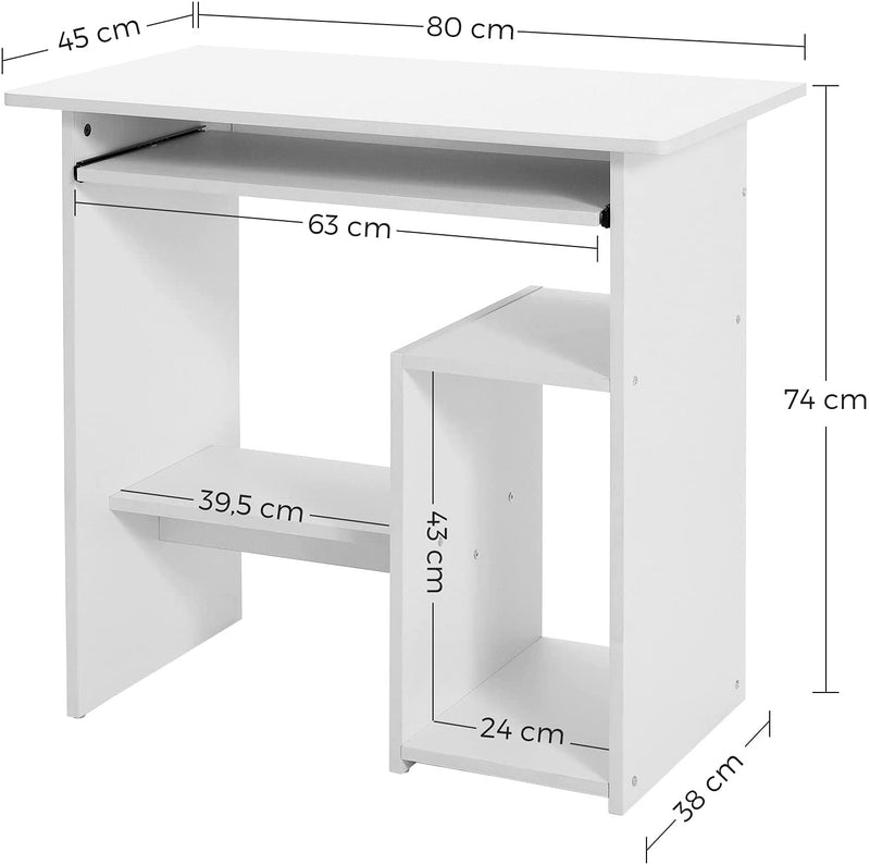 Bureau, computertafel, met toetsenbordverlenging, PC-tafel, ruimtebesparend, eenvoudige montage, 80 x 45 x 74 cm (L x B x H), wit LCD852W