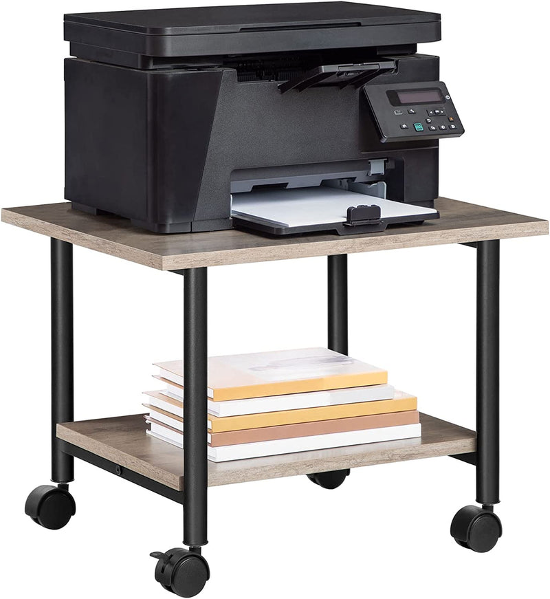 Printertafel, printerwagen met vergrendelbare wielen, printerstandaard op wielen met 2 niveaus, printerhouder industrieel design, 48,5 x 40 x 36,5 cm, grijs en zwart EBG02PS01