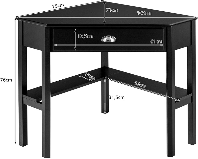 Bureau, Hoekbureau, Houten L-vormig computerbureau, Compacte Schrijftafel met Lade & Planken, Ruimtebesparend Werkstation, Laptop PC hoek Tafel Meubilair voor thuiskantoor (Zwart)