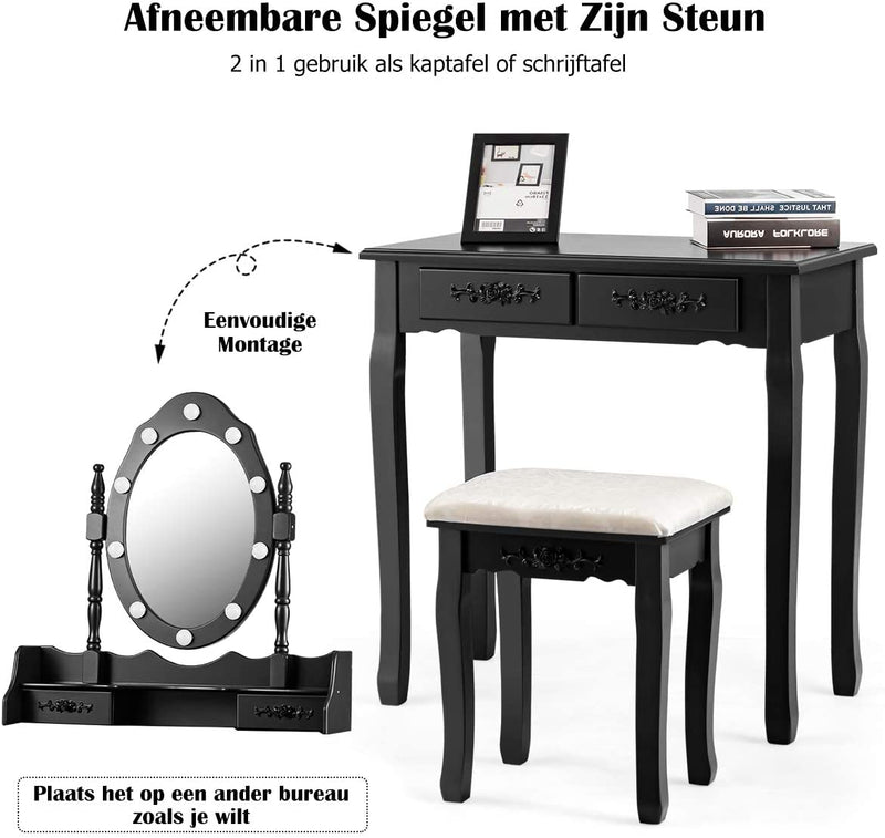 Kaptafel met ovale spiegel en 10 dimbare LED-lampen, klassieke make up tafel met 4 opberg lades in verschillende maten, stabiel schoonheidsstation in grenen houten poot en antislip pootdop (Zwart)