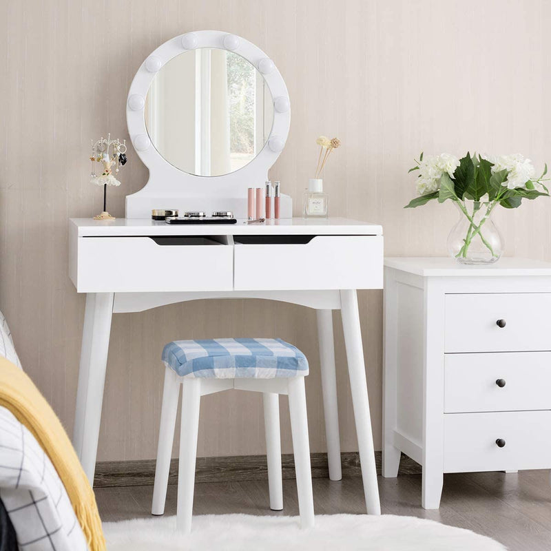 Kaptafel met 8 LED-lampen en aanraakschakelaar regelbare helderheid, kaptafel met spiegel, make-up tafel met 2 schuifladen, grote ronde spiegel, gedempte kruk, voor slaapkamer (Wit)