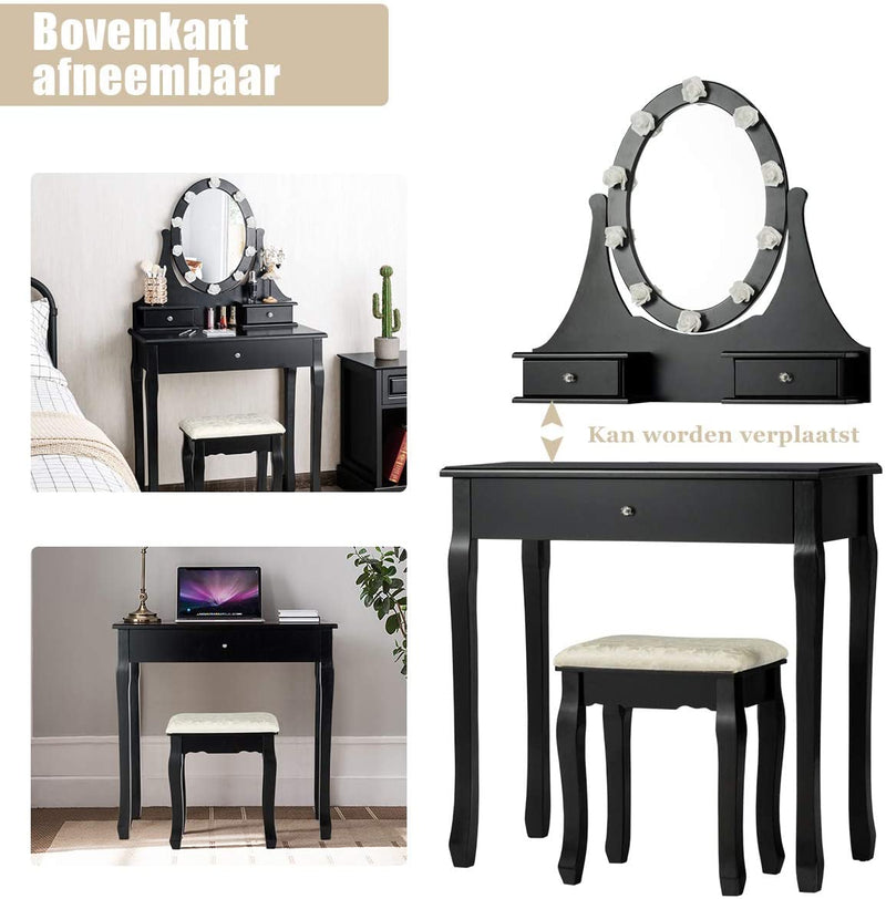 Kaptafel met 10 plastic roze-vormige LED-lampjes, 360° roterende ovale make-up spiegel, 3 lades kaptafel met gedempte kruk, make-uptafel voor slaapkamer (Zwart)