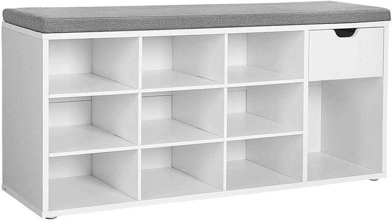 Schoenenbank, schoenenrek met lade en open vakken, zitbank, gevoerde zitting, hal, slaapkamer en entree, 104 x 30 x 48 cm, wit