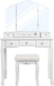 kaptafel met opklapbare spiegel en 5 laden, cosmetische tafel met uitneembare make-up organizer, met krukje, wit RDT28WT