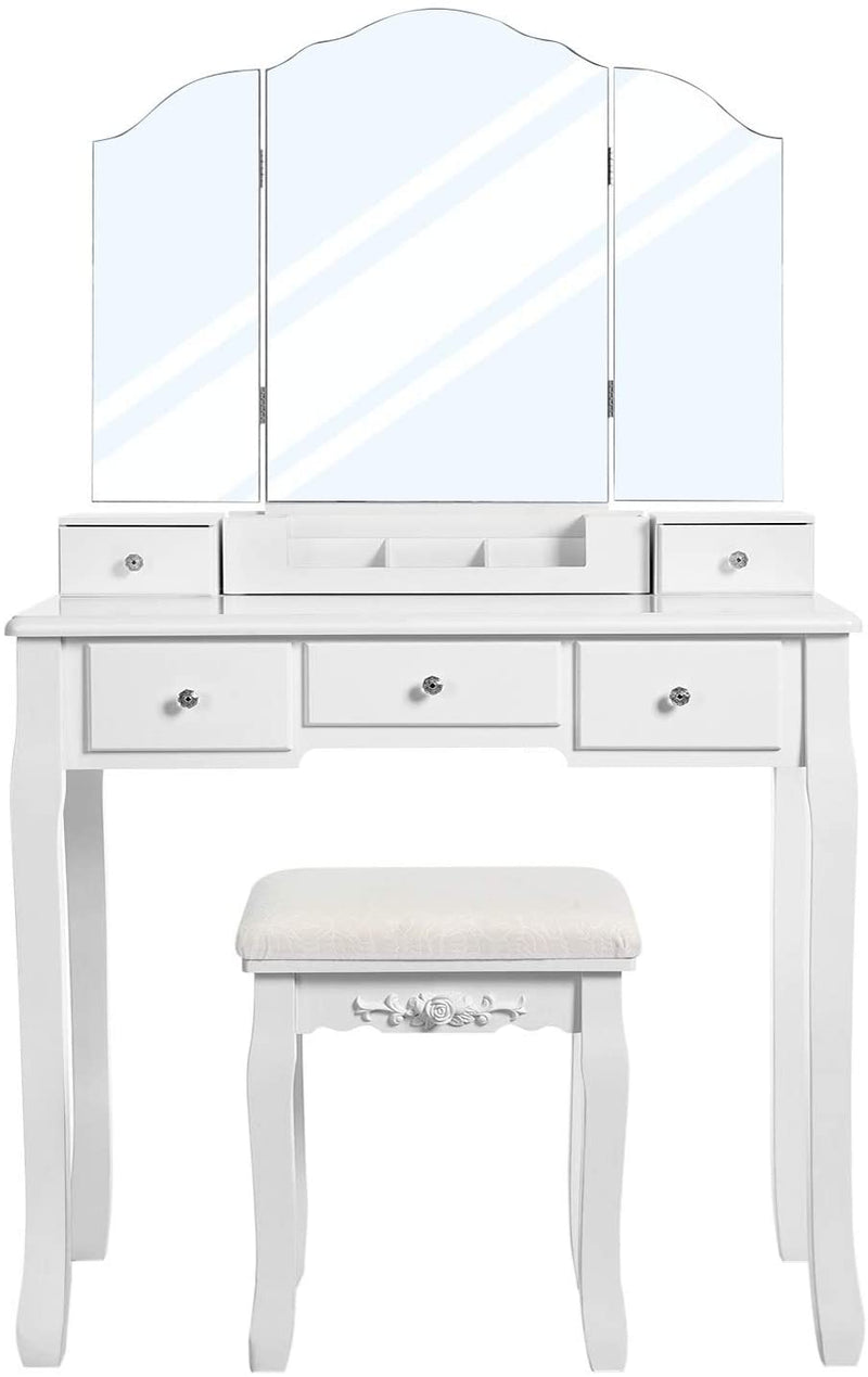 kaptafel met opklapbare spiegel en 5 laden, cosmetische tafel met uitneembare make-up organizer, met krukje, wit RDT28WT