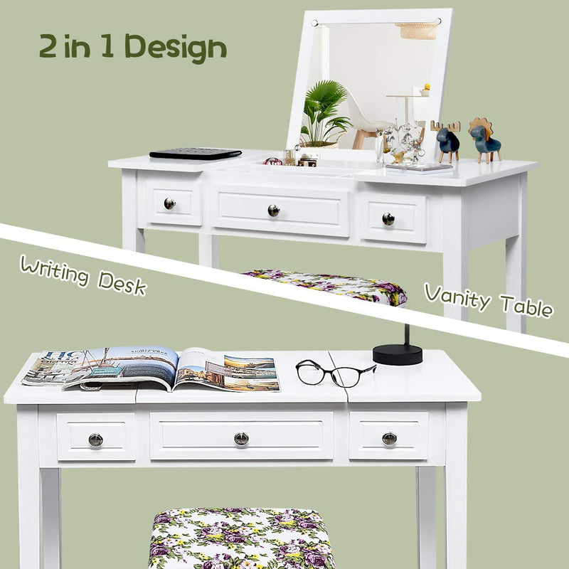Kaptafel set met opklapbare bovenkant spiegel, 3 laden en een groot tafelblad, kaptafel set met gewatteerde kruk, ideaal voor slaapkamer, woonkamer, kleedkamer, badkamer, eenvoudige montage
