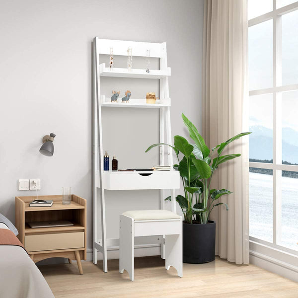 Kaptafel set met openen bovenkant spiegel, make-up tafel set met 3 haken & 2 opbergplank, 6 verwijderbare organizers, make-up tafel en kruk set met gedempte kruk, eenvoudige montage