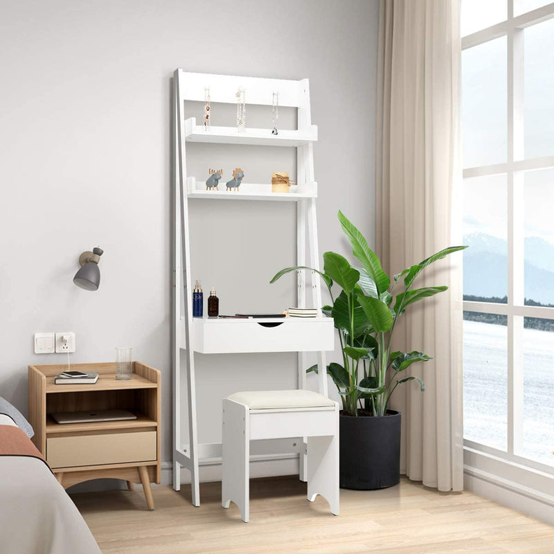 Kaptafel set met openen bovenkant spiegel, make-up tafel set met 3 haken & 2 opbergplank, 6 verwijderbare organizers, make-up tafel en kruk set met gedempte kruk, eenvoudige montage
