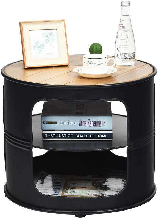 Ronde bijzettafel, metalen frame, bank tafel met 2-laagse opbergplanken,