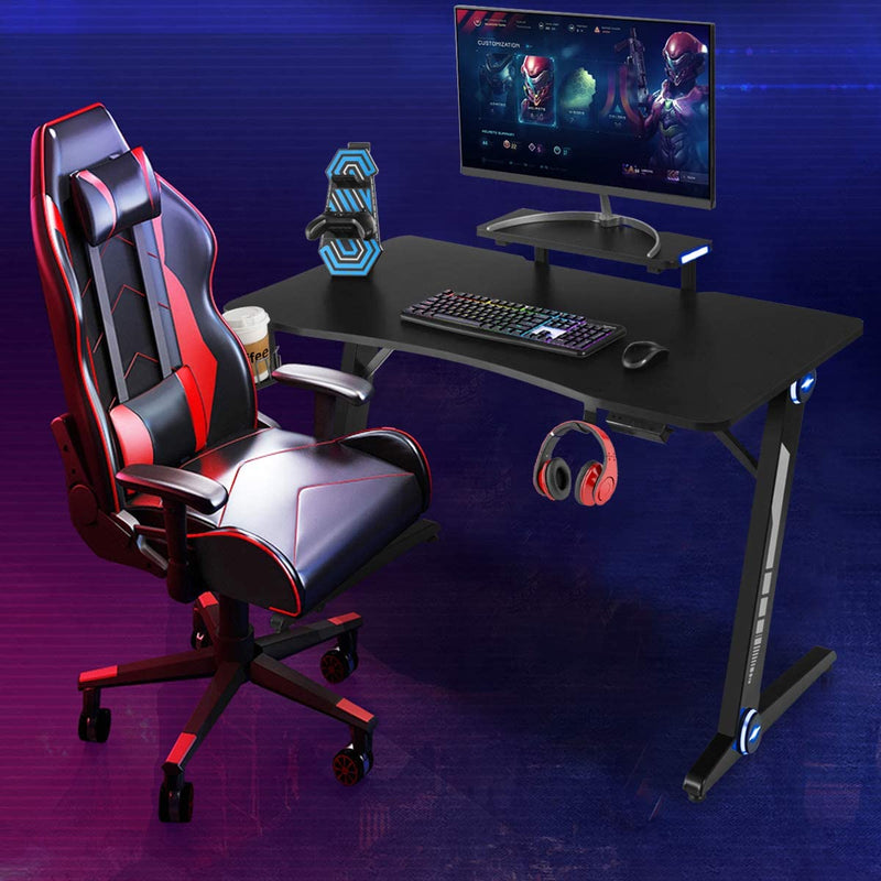 Gaming computer bureau met monitor standaard, Z-vormige , PC gamer tafel met RGB verlichting, bekerhouder, hoofdtelefoon haak,