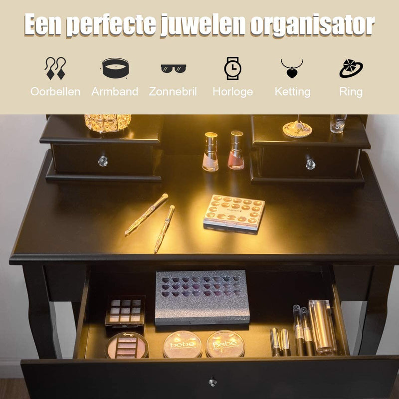 Kaptafel met 10 plastic roze-vormige LED-lampjes, 360° roterende ovale make-up spiegel, 3 lades kaptafel met gedempte kruk, make-uptafel voor slaapkamer (Zwart)
