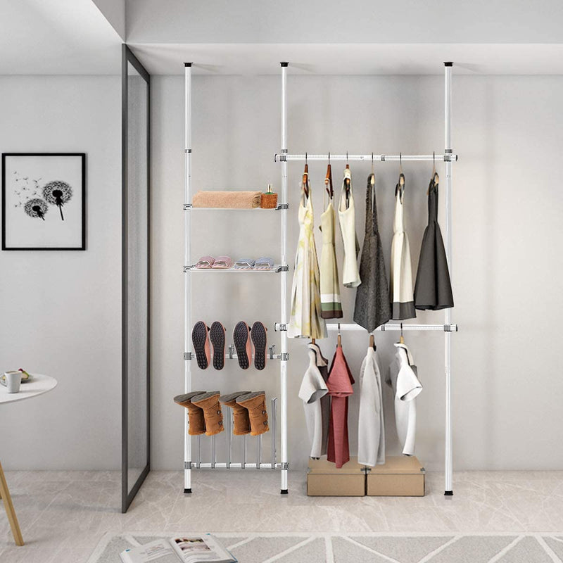 Verstelbare kledingrek, vloer-naar-plafond klerenrailsysteem met opslag plank & schoen haken, telescopische garderobesysteem opbergsysteem voor woonkamer, slaapkamer