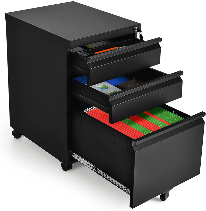 3 Lades verrijdbare archiefkast met slot, mobiele archiefkast met 2 sleutels en handgrepen, 40 x 50 x 64,5 cm (Zwart)