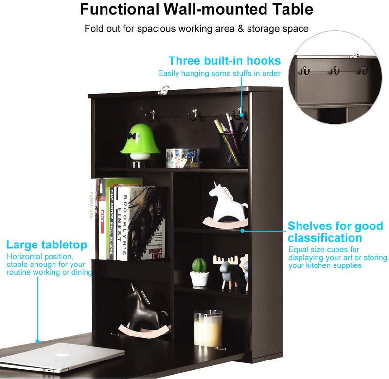 Aan de muur gemonteerde tafel, uitklapbaar bureau met schoolbord / krijtbord, multifunctioneel schrijfbureau voor op de computer, kantoor aan huis, (Bruin)