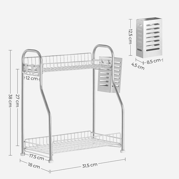 Kruidenrek met 2 niveaus, keukenrek, staand, badkamerrek met 3 haken, keukenorganizer met bestekhouder, voor keuken, badkamer, zilver KCS015E01
