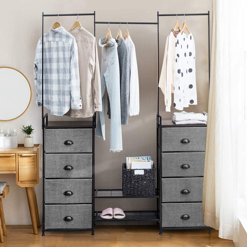 Stoffen ladekast dressoir met kleding stang schoenenrek, multifunctionele dressoir opbergtoren met 8 stoffen laden, metalen frame, opslag organisator voor kast hal slaapkamer woonkamer