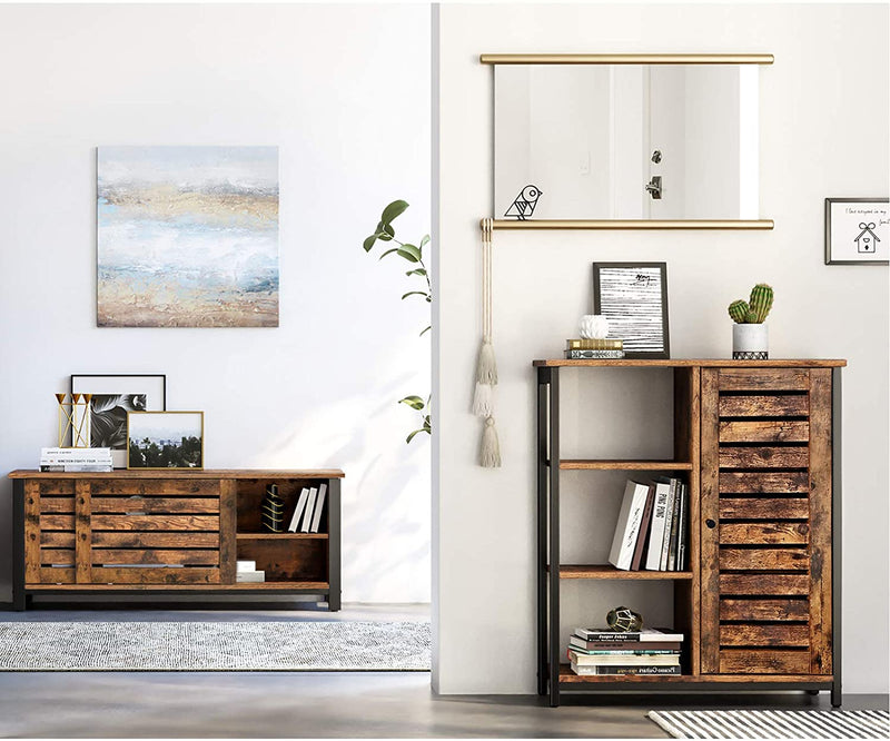 dressoir, keukenkastje met 3 open rekken, badkamerkastje, woonkamer, hal, keuken, thuiskantoor, stalen geraamte, industriële stijl,vintage bruin en zwart LSC74BX