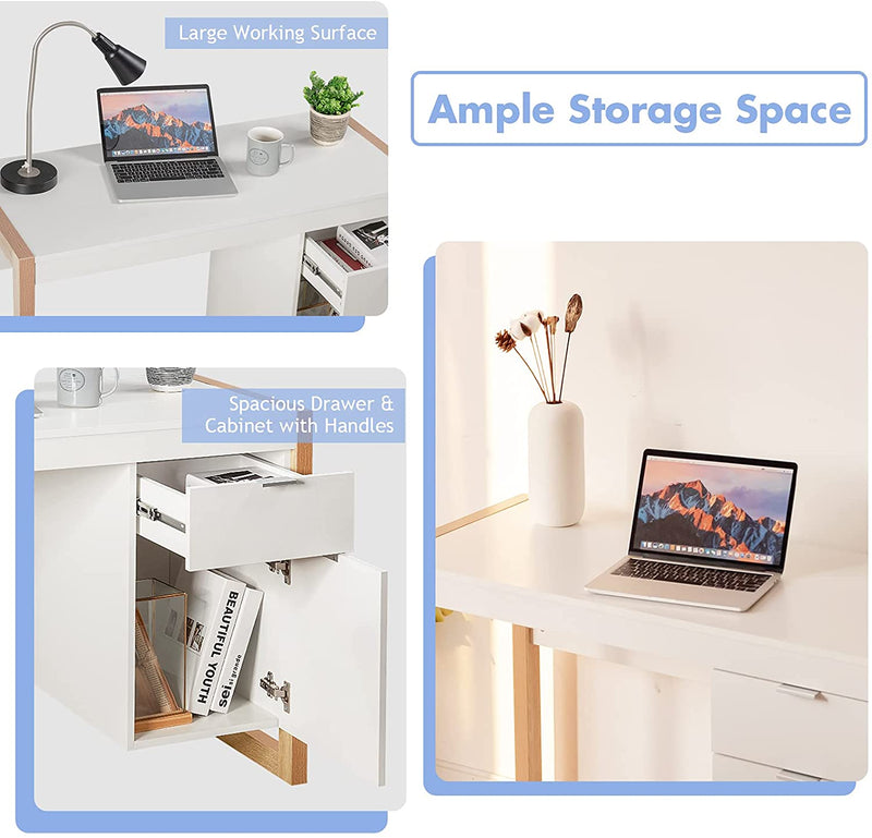 Modern computer bureau, computertafel computerbureau werkstation met opbergkast, lade, stevige structuur, schrijftafel, ideaal voor thuiskantoor, 112,5 x 50 x 75 cm (Wit)