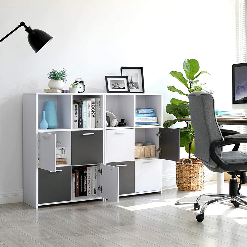 Boekenplank met 6 vakken, staande plank, boekenkast met 4 deuren, opbergkast, modern, wit-grijs LBC28WG