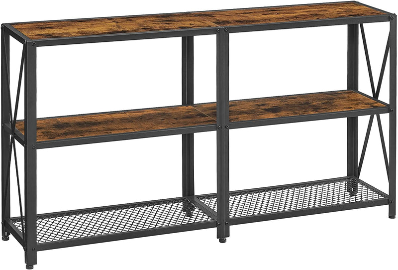 Consoletafel, smalle gangtafel met 3 niveaus, open planken, sofastafel, 140 x 30 x 75 cm, metalen frame, bijzettafel, industrieel design, woonkamer, hal, vintage bruin-zwart LNT071B01