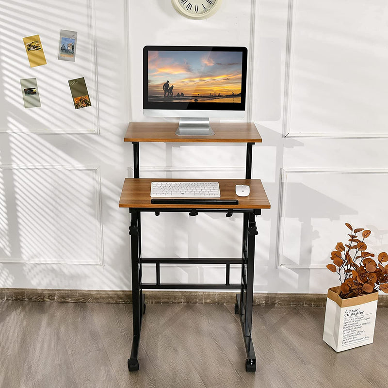 Beweegbaar staande bureau, in hoogte verstelbaar zit/sta bureau, 2-laags thuiskantoor computer werkstation op wielen, versterkt staal frame, rollende laptop bureau voor het staan en zitten (Walnoot)