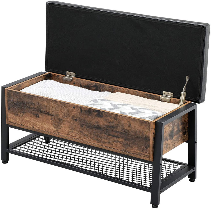 Schoenenbankje; zitbankje met zitkussen en schoenenrek; met opbergruimte; multifunctionele kist; hal, slaapkamer, ijzer, vintage, kunstleer