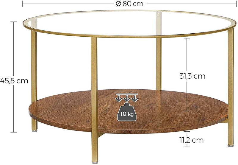Woonkamertafel, salontafel, rond, gehard glas, met 2 niveaus, voor woonkamer, hazelnootbruin-goud LCT100A03