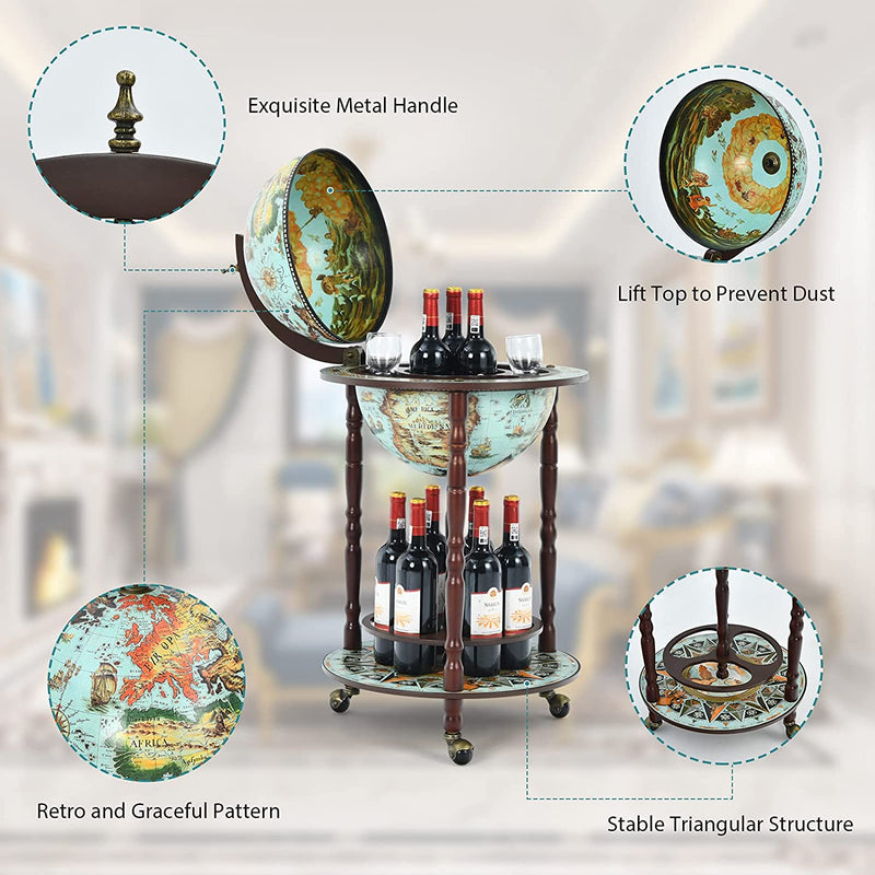 Wereldbol barwagen, wijnbar standaard, 16e eeuw nautische kaart wijnkast met wielen, retro houten fles plank, verplaatsbare wereldbol wijnrek voor eetkamer en woonkamer